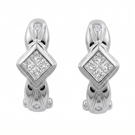 14k white gold princess-cut quad and round diamond clip earrings, white background