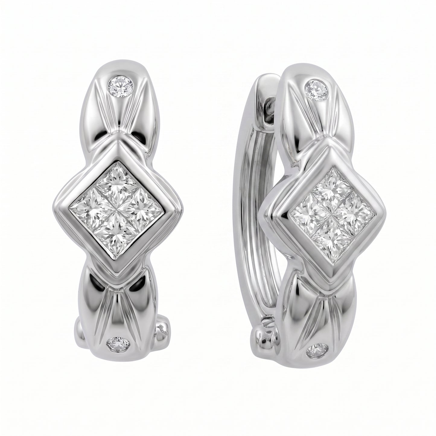 14k white gold princess-cut quad and round diamond clip earrings, front and turned three-quarter view showing the hinged clip back, white background