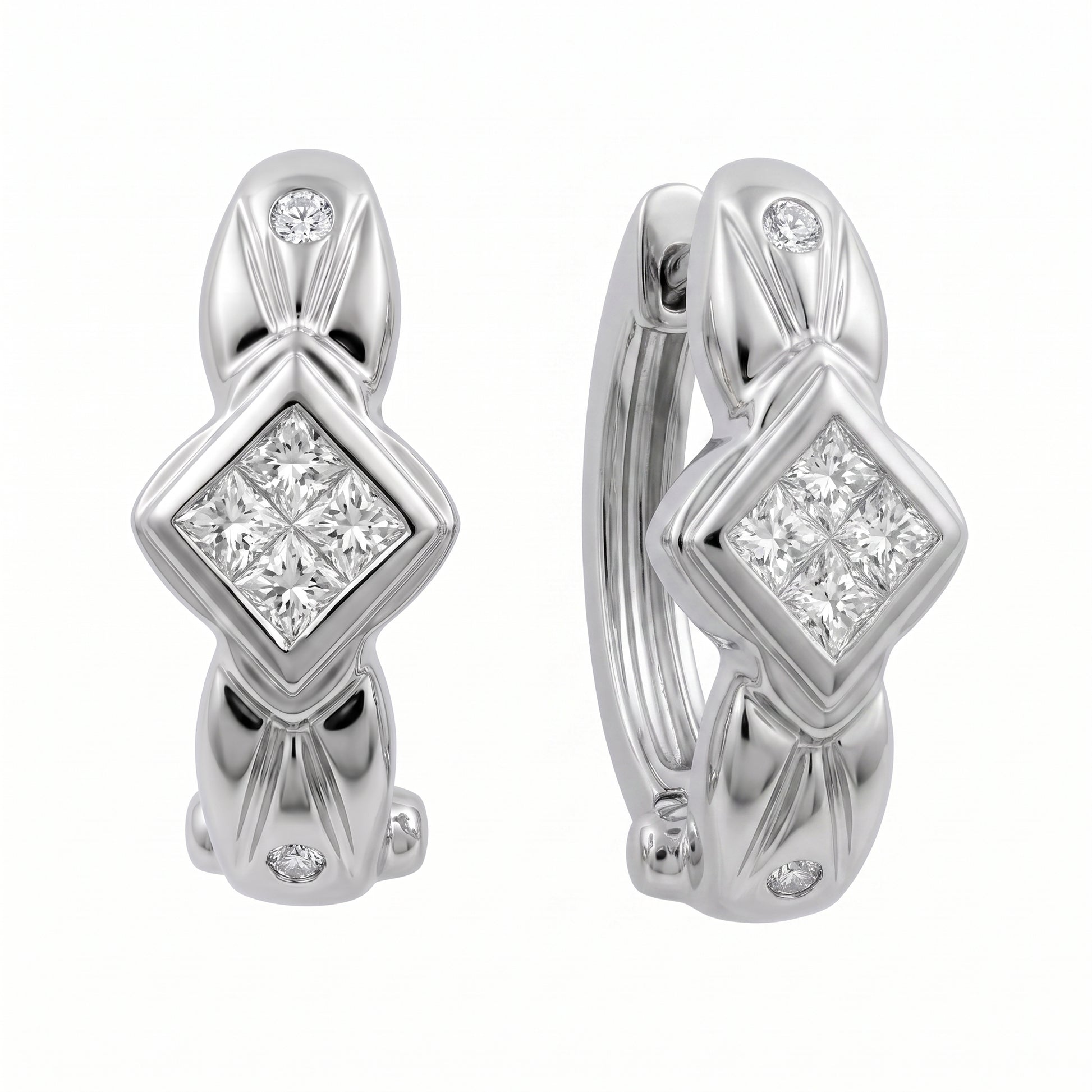14k white gold princess-cut quad and round diamond clip earrings, front and turned three-quarter view showing the hinged clip back, white background