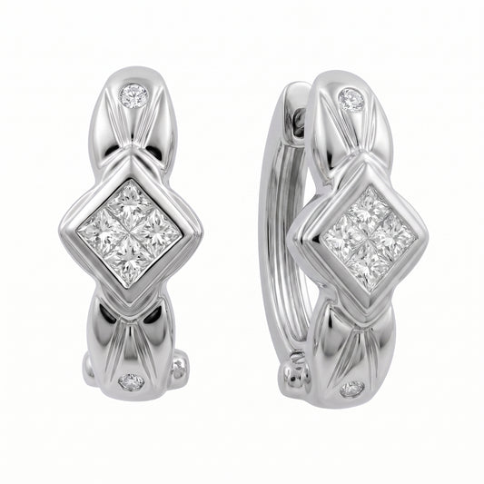 14k white gold princess-cut quad and round diamond clip earrings, front and turned three-quarter view showing the hinged clip back, white background