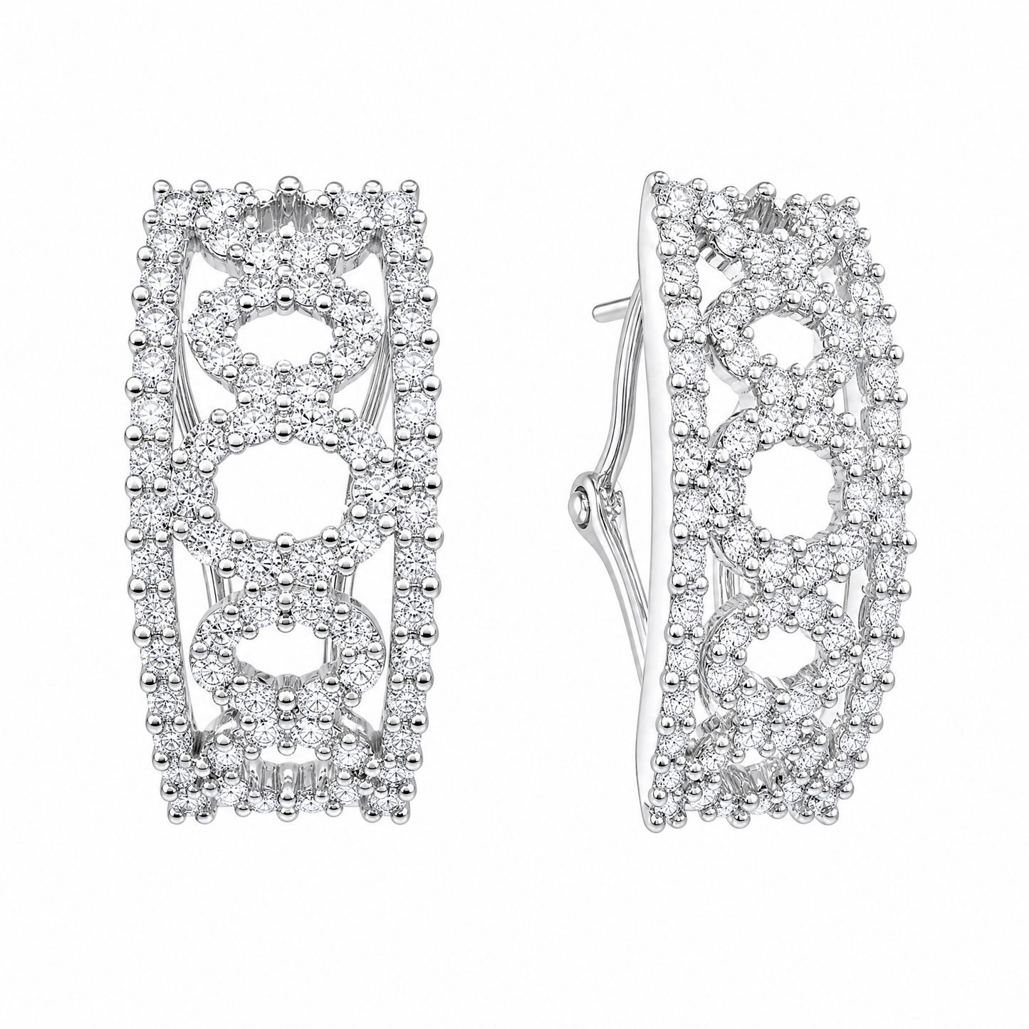 DEFT0318W W-2 front and turned view showing French clip backing - wide diamond geometric lattice clip earrings, 18K white gold