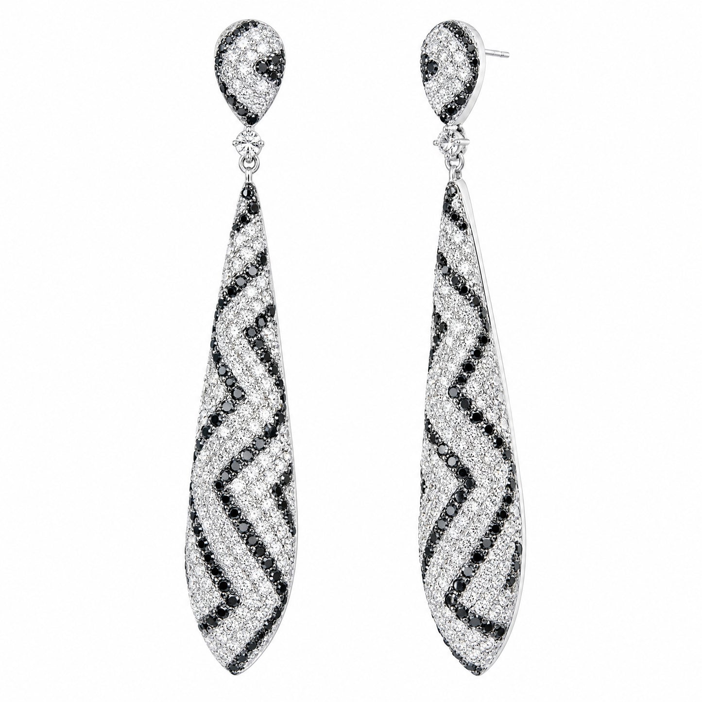 DEFT0380W-BK W-2 front and 45 degree white and black diamond chevron long drop earrings with post