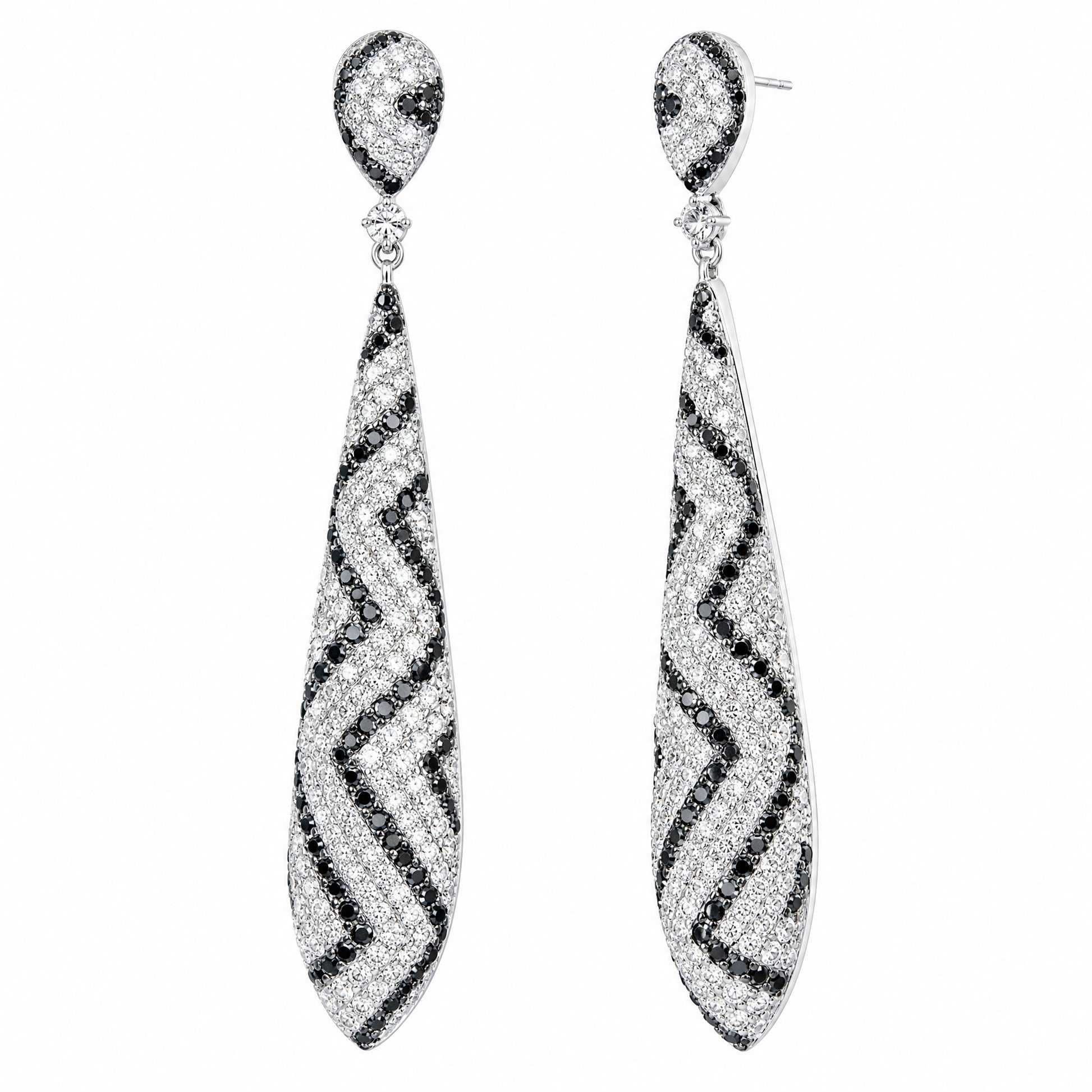 DEFT0380W-BK W-2 front and 45 degree white and black diamond chevron long drop earrings with post