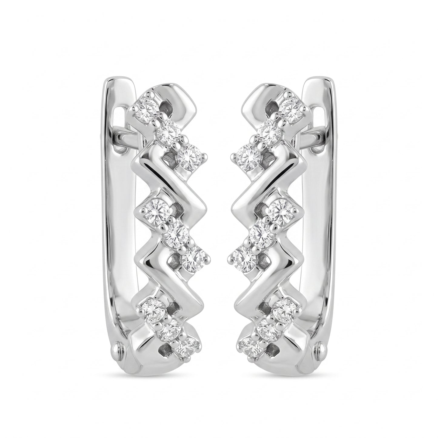 DEFT0618W 14K white gold zigzag chevron huggie hoop earrings with prong-set round diamonds, front view