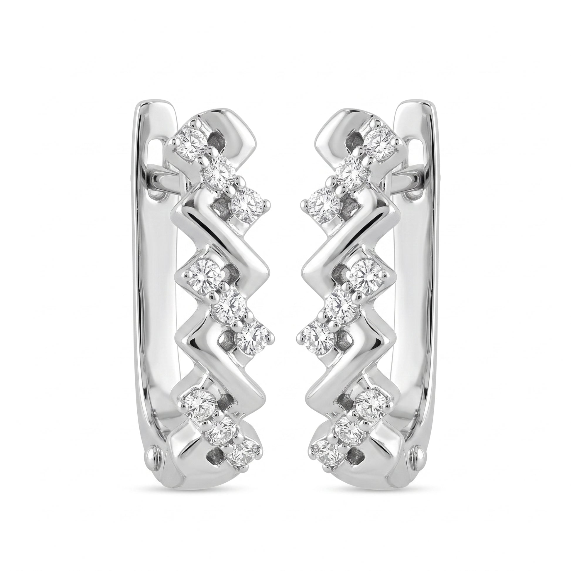 DEFT0618W 14K white gold zigzag chevron huggie hoop earrings with prong-set round diamonds, front view