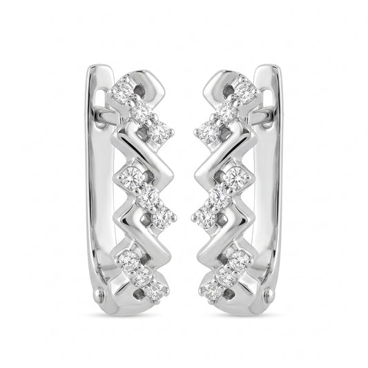 DEFT0618W 14K white gold zigzag chevron huggie hoop earrings with prong-set round diamonds, front view