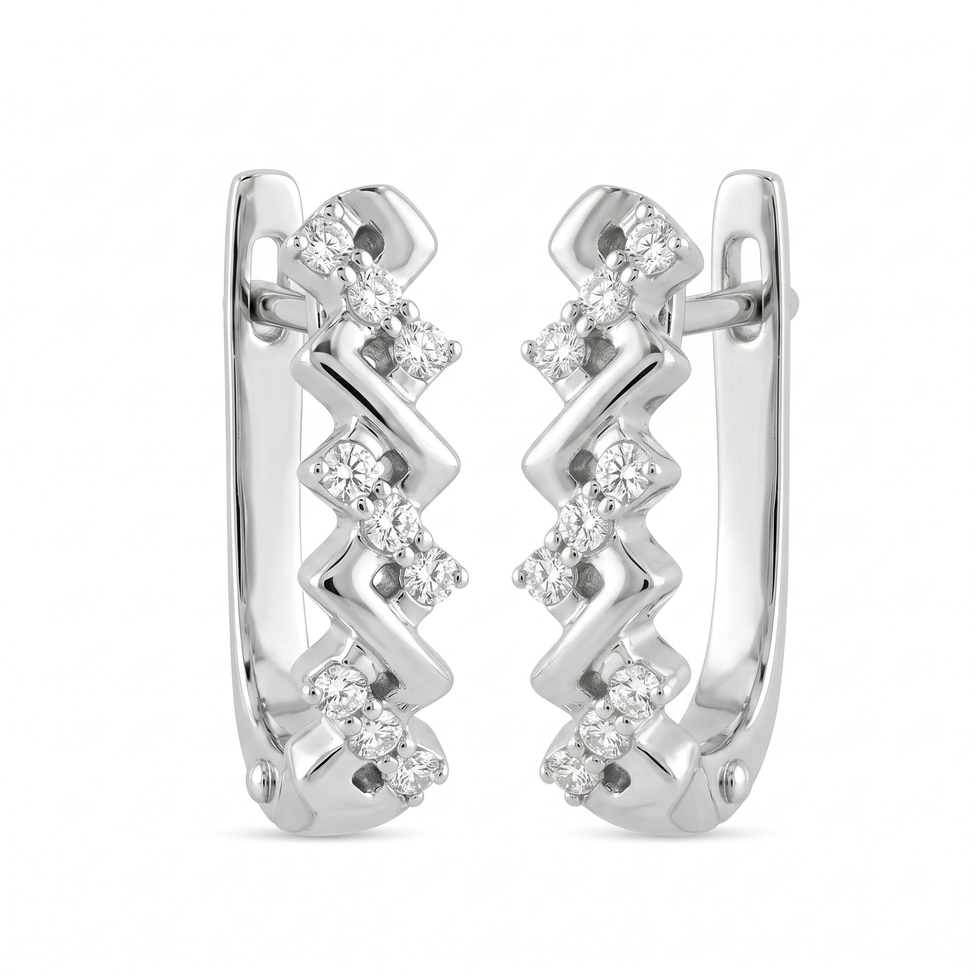 DEFT0618W 14K white gold zigzag chevron huggie hoop earrings with prong-set round diamonds, angled view