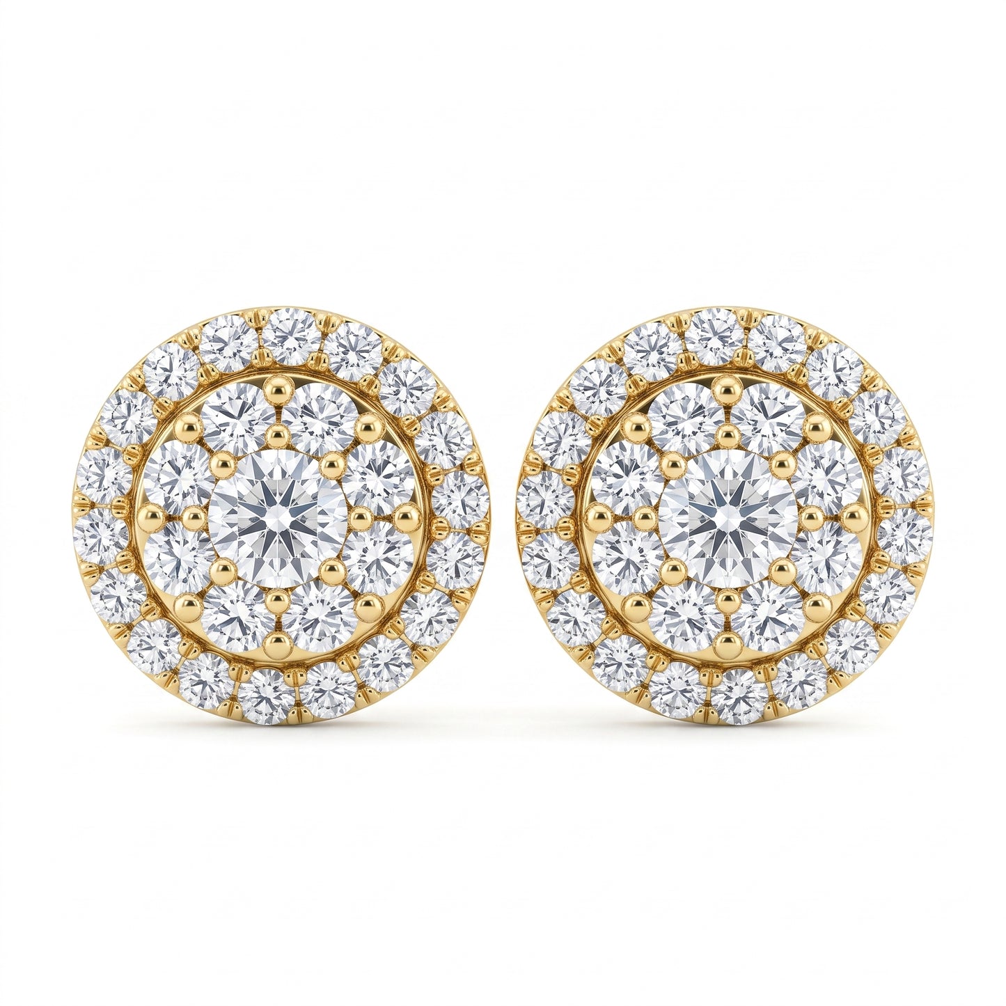 54-Diamond Double-Halo Stud Earrings in 14K yellow gold, white background