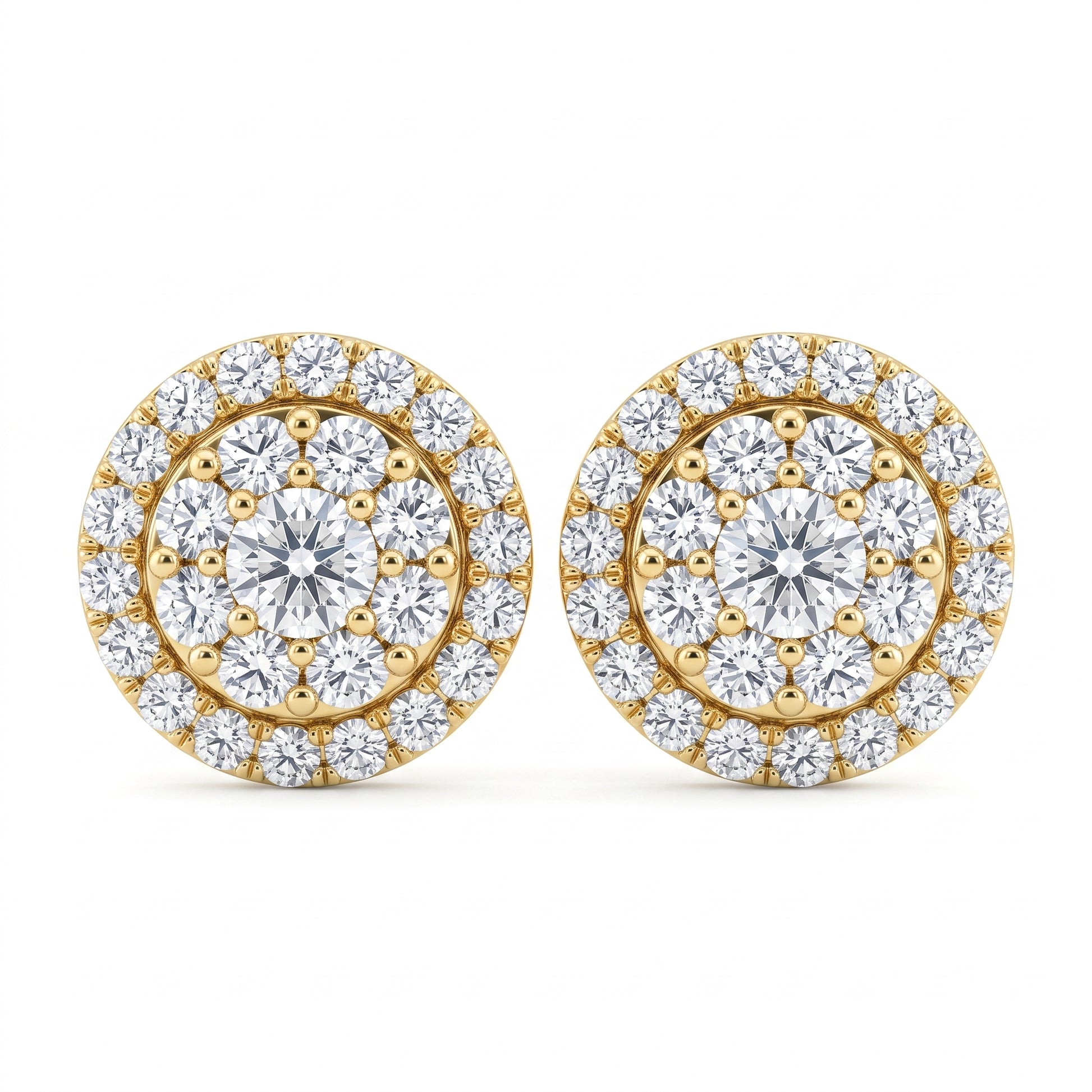 54-Diamond Double-Halo Stud Earrings in 14K yellow gold, white background