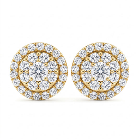 54-Diamond Double-Halo Stud Earrings in 14K yellow gold, white background