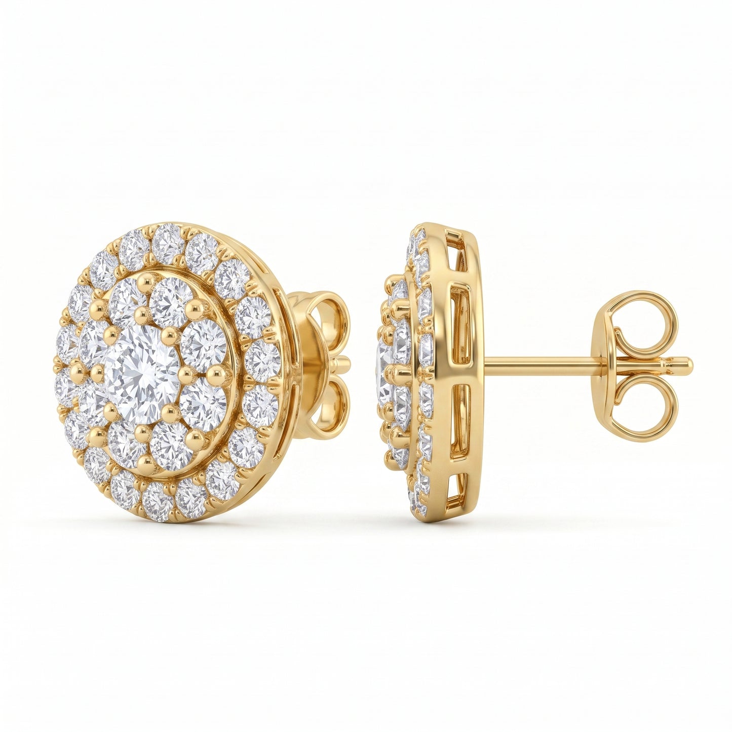 54-Diamond Double-Halo Stud Earrings in 14K yellow gold, side and three-quarter view showing post and butterfly back