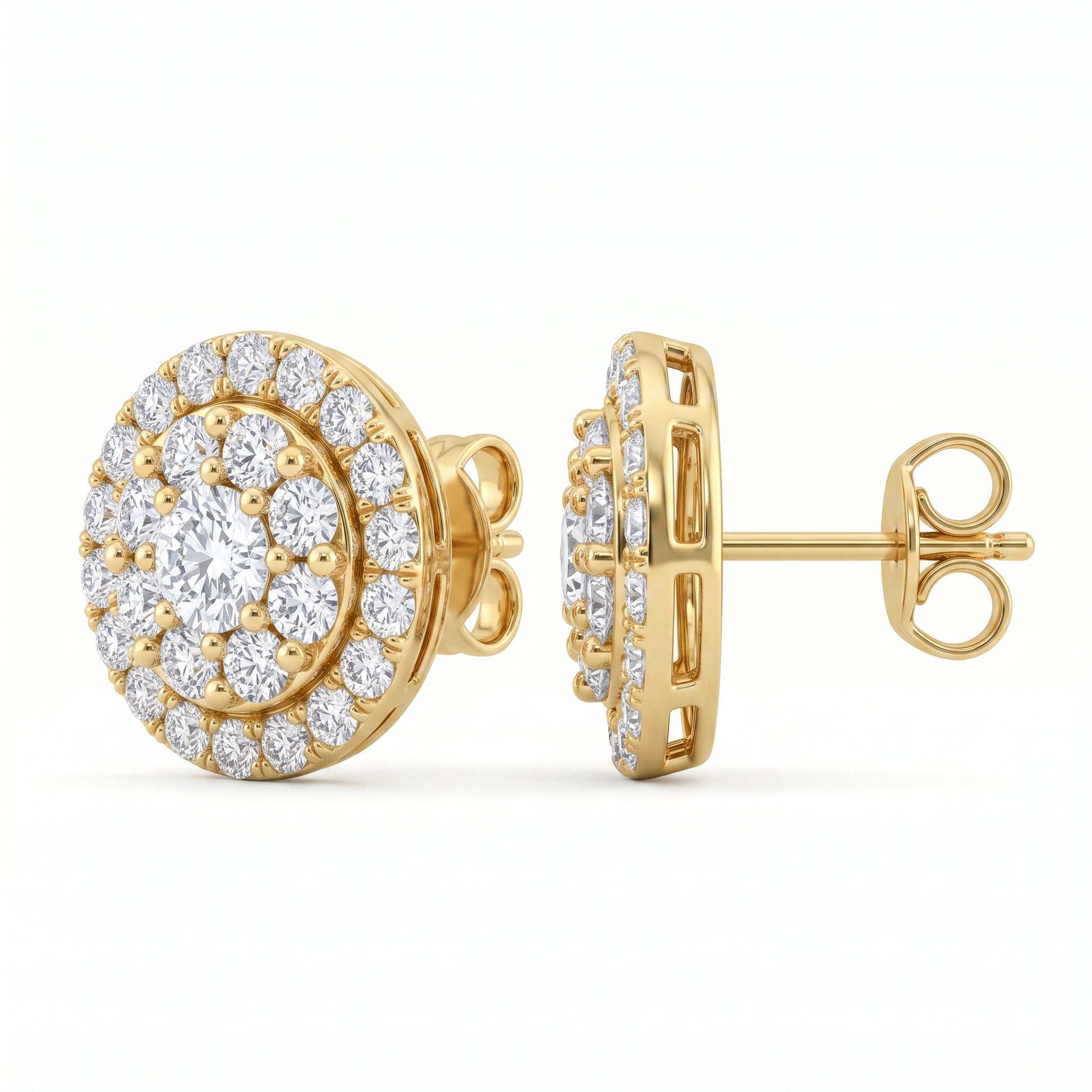 54-Diamond Double-Halo Stud Earrings in 14K yellow gold, side and three-quarter view showing post and butterfly back