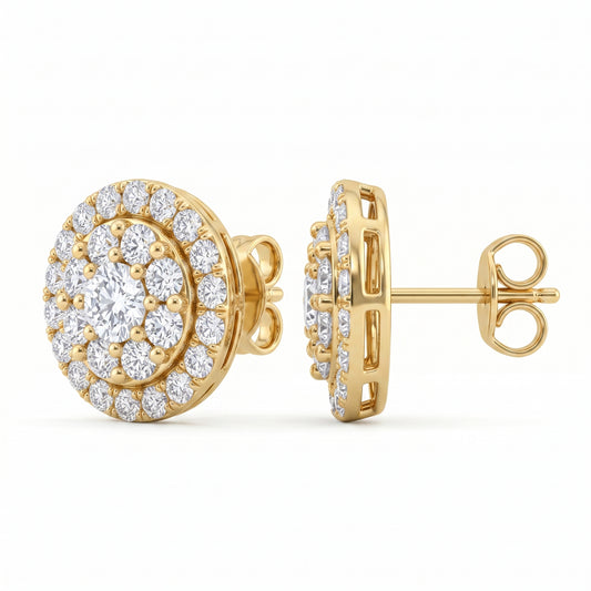 54-Diamond Double-Halo Stud Earrings in 14K yellow gold, side and three-quarter view showing post and butterfly back