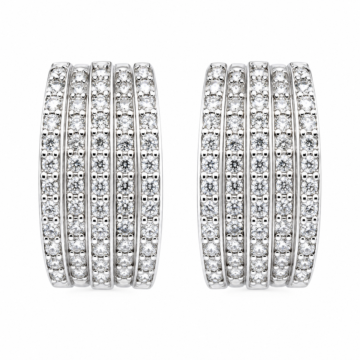 DEFT0698W W-1 frontal pair - five-row pave round diamond wide huggie hoop earrings in 18K white gold