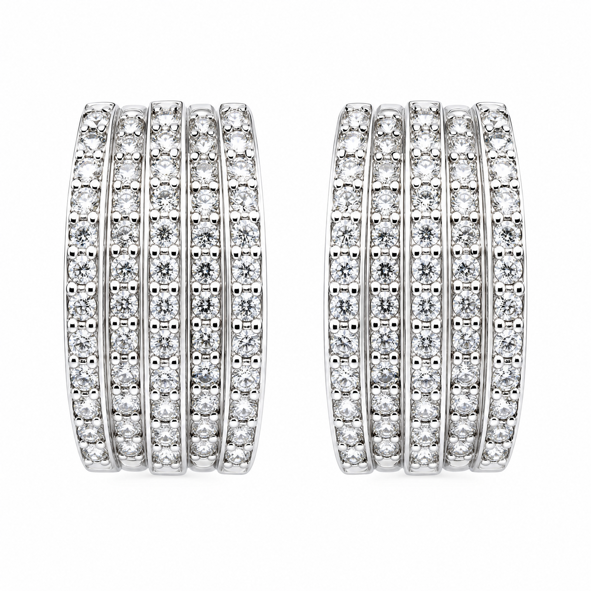 DEFT0698W W-1 frontal pair - five-row pave round diamond wide huggie hoop earrings in 18K white gold