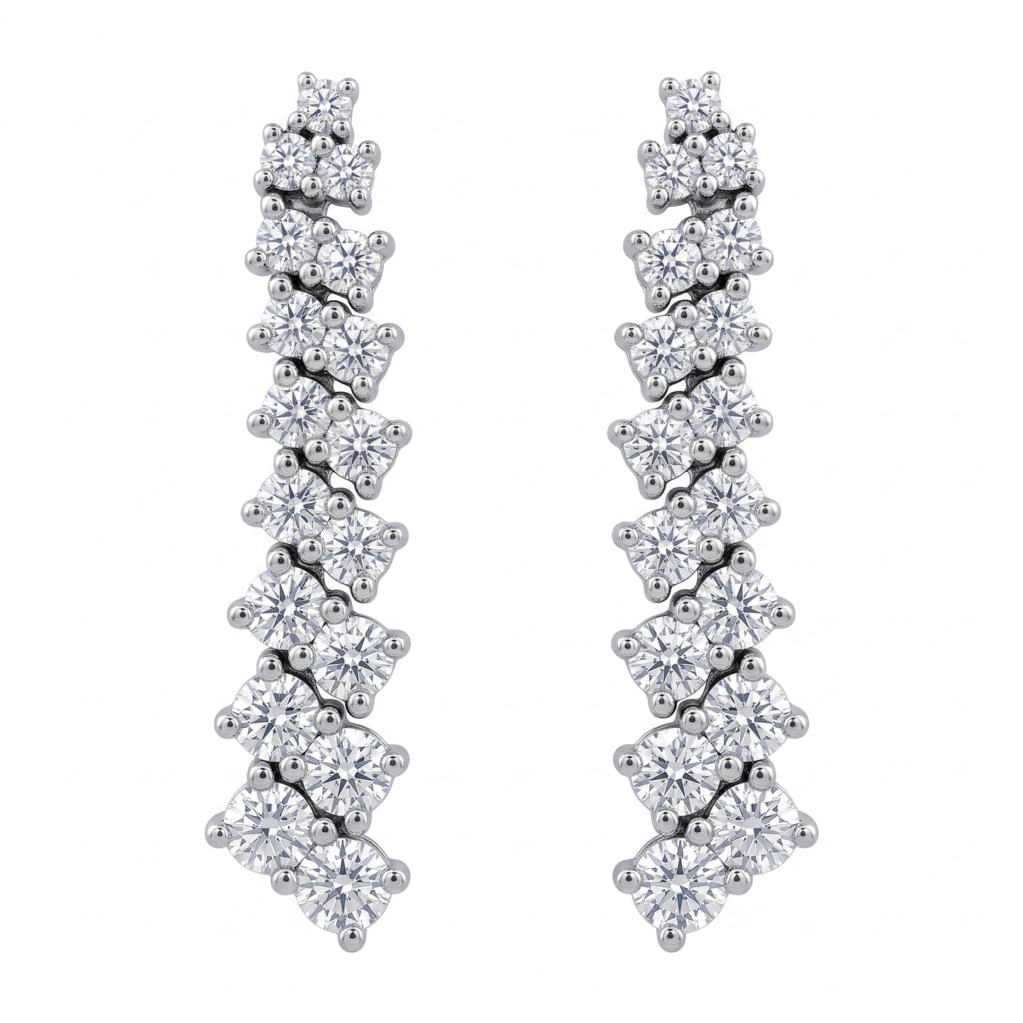 34-Diamond Graduated Dangle Post Earrings - 14K white gold graduated zig-zag strand of round brilliant diamond clusters, white background