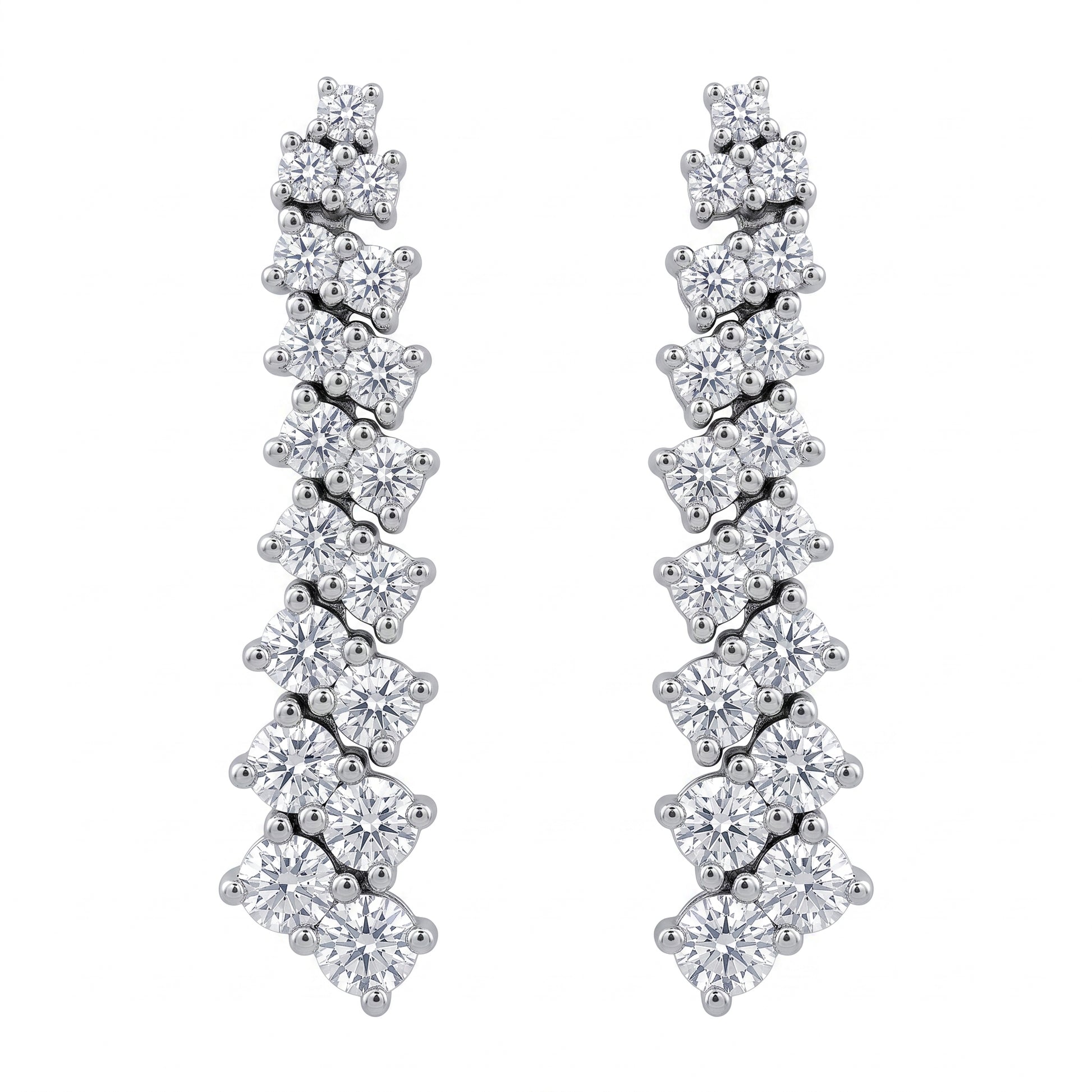 34-Diamond Graduated Dangle Post Earrings - 14K white gold graduated zig-zag strand of round brilliant diamond clusters, white background