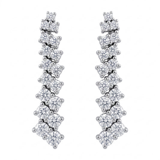 34-Diamond Graduated Dangle Post Earrings - 14K white gold graduated zig-zag strand of round brilliant diamond clusters, white background