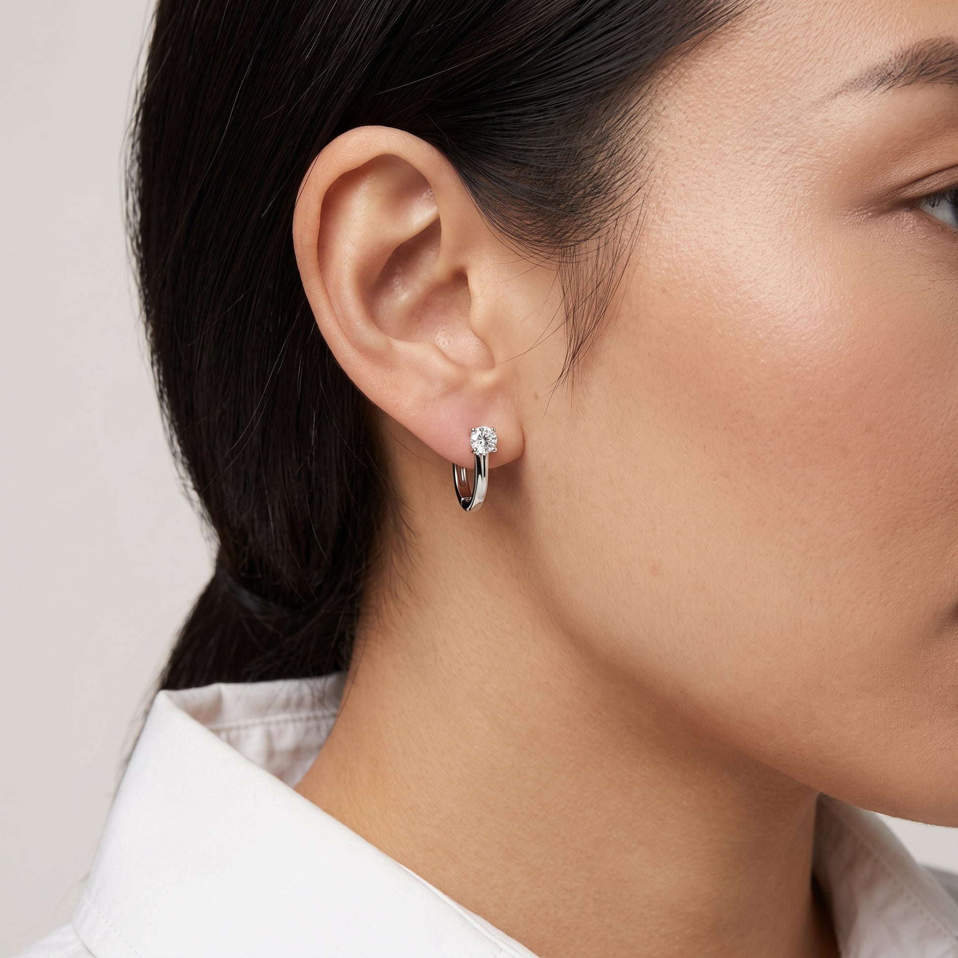 2-Diamond Plain Gold Huggie Hoop Earrings - worn on model