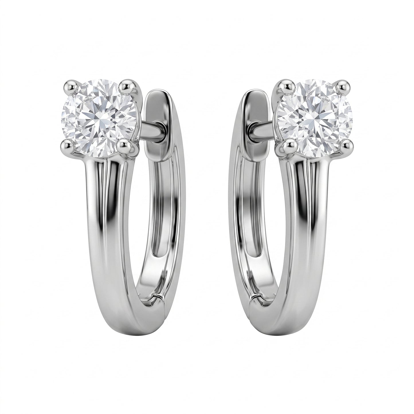 2-Diamond Plain Gold Huggie Hoop Earrings - white background studio view