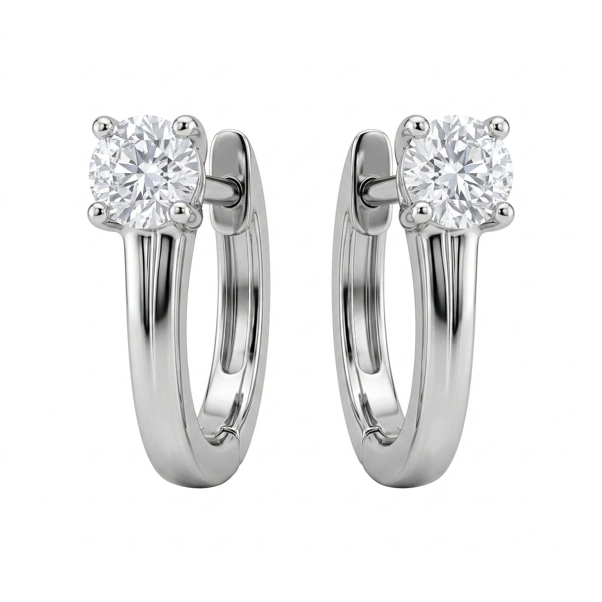 2-Diamond Plain Gold Huggie Hoop Earrings - white background studio view