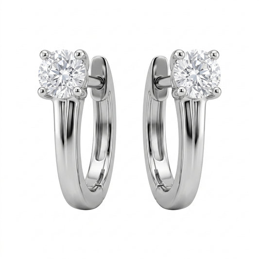 2-Diamond Plain Gold Huggie Hoop Earrings - white background studio view