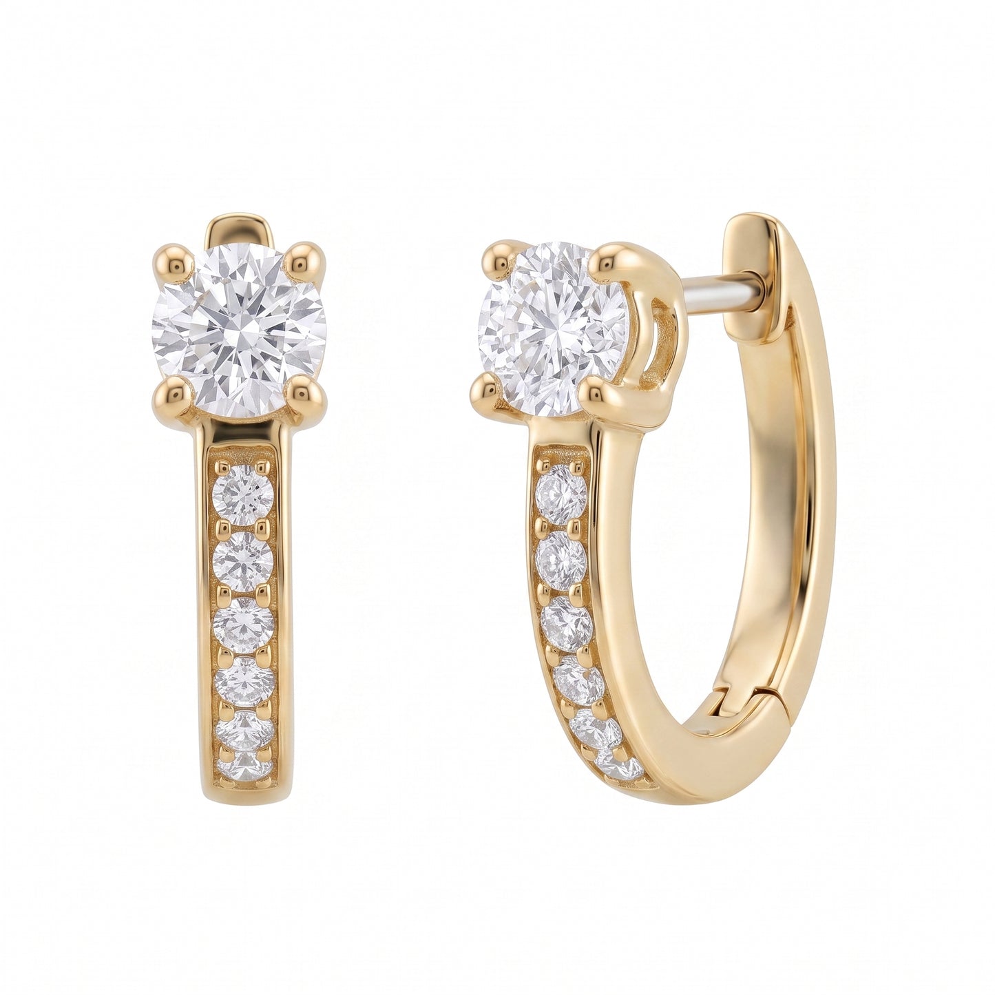 4.5mm Round & 12-Diamond Huggie Hoop Earrings - white background detail view