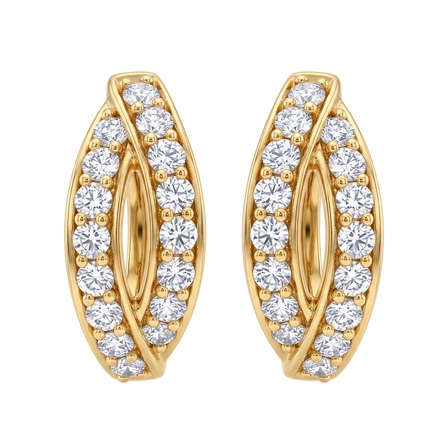 DEGS1007 18K yellow gold diamond marquise hoop earrings, front view