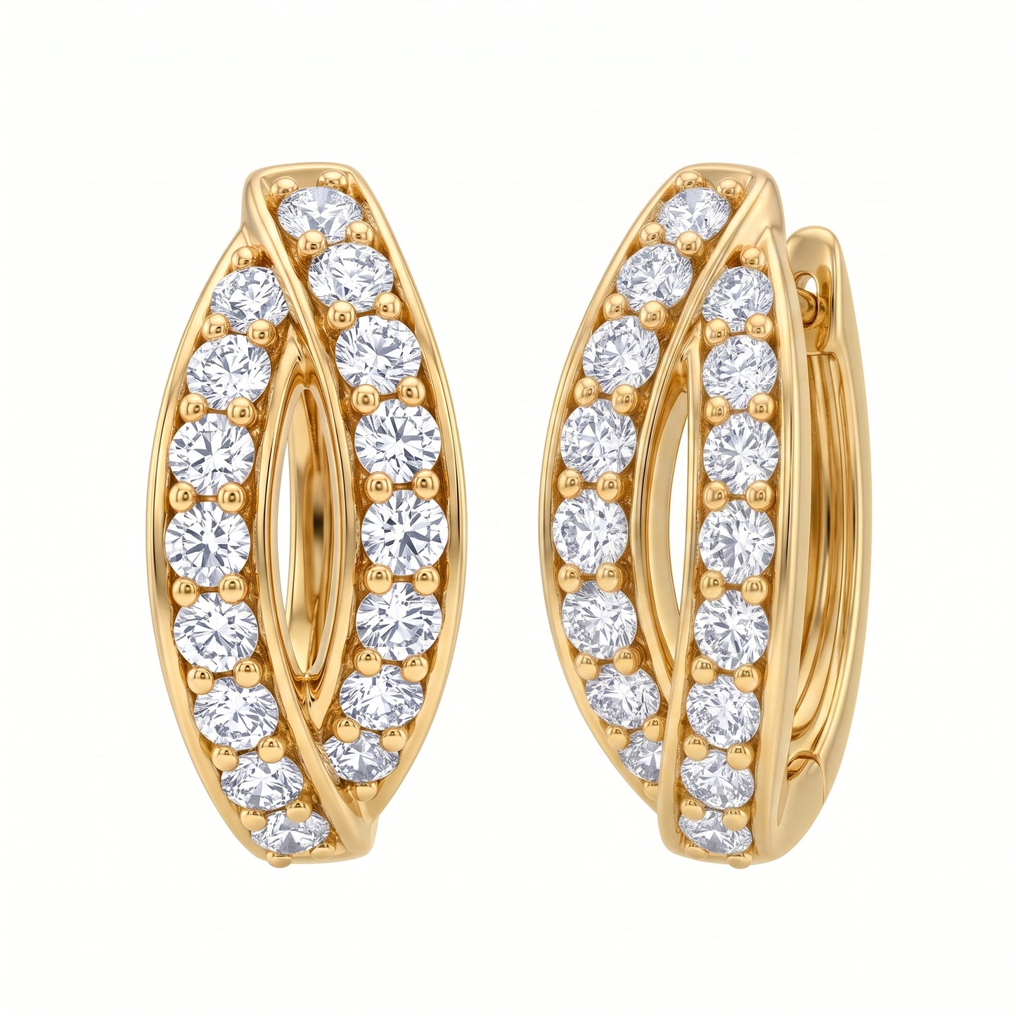 DEGS1007 18K yellow gold diamond marquise hoop earrings, angled view