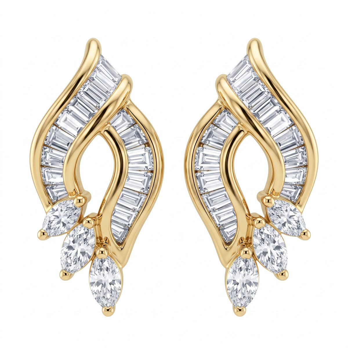 49 Tapered & Marquise Diamond Stud Earrings - 18K yellow gold flame-shaped channel-set tapered baguette and marquise diamond studs, white background