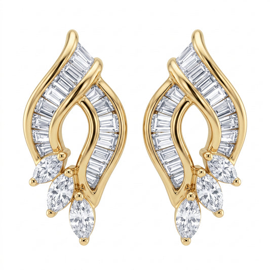 49 Tapered & Marquise Diamond Stud Earrings - 18K yellow gold flame-shaped channel-set tapered baguette and marquise diamond studs, white background