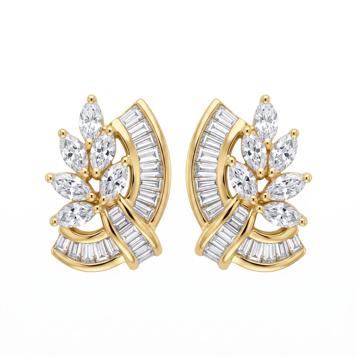 Marquise & Tapered Diamond Stud Earrings in 18K yellow gold - white background view
