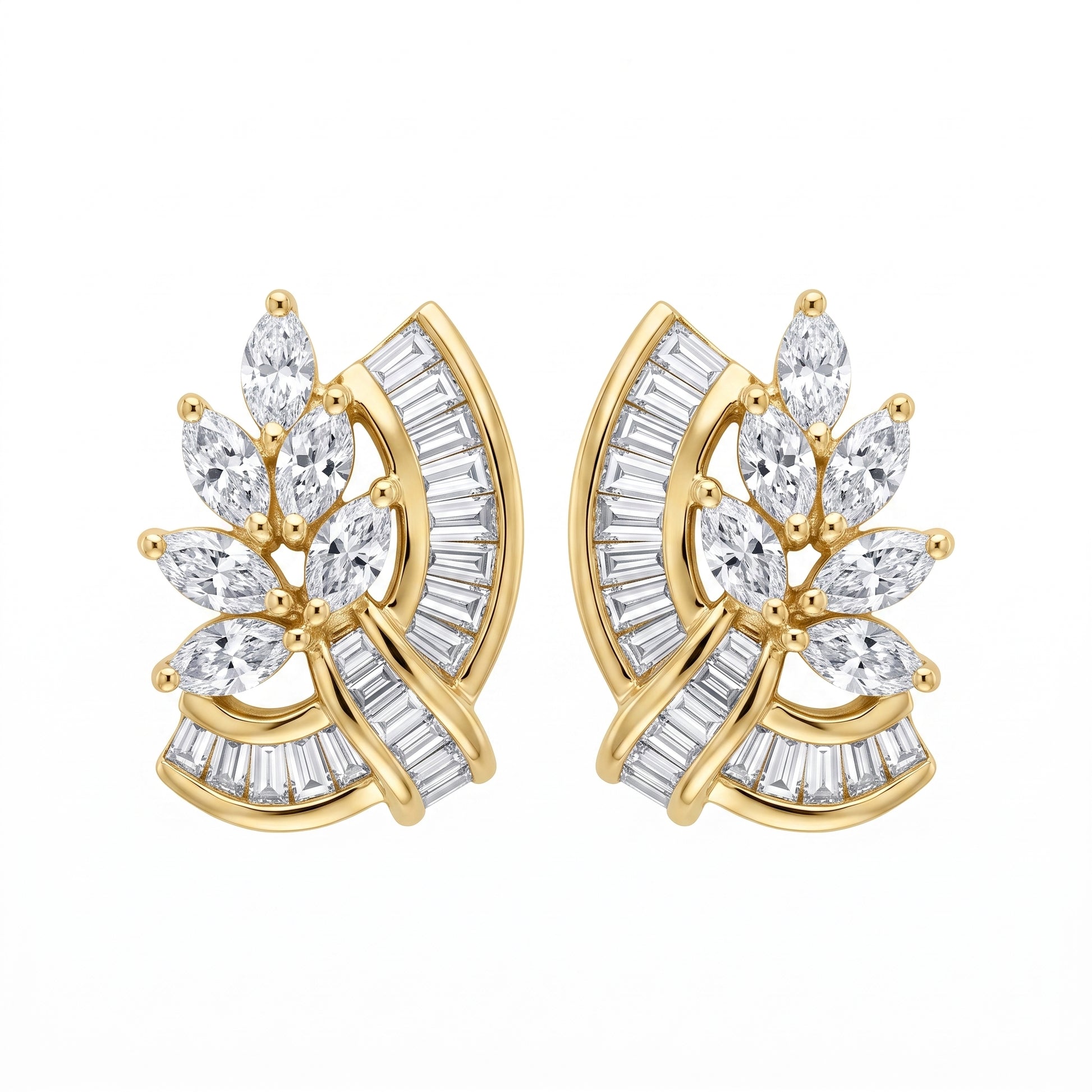 Marquise & Tapered Diamond Stud Earrings in 18K yellow gold - white background view