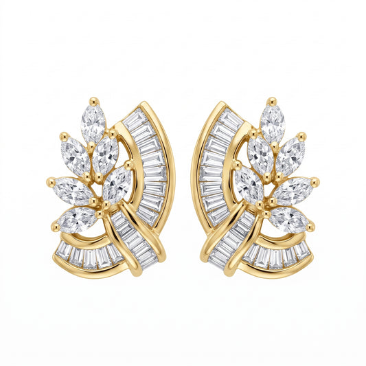 Marquise & Tapered Diamond Stud Earrings in 18K yellow gold - white background view