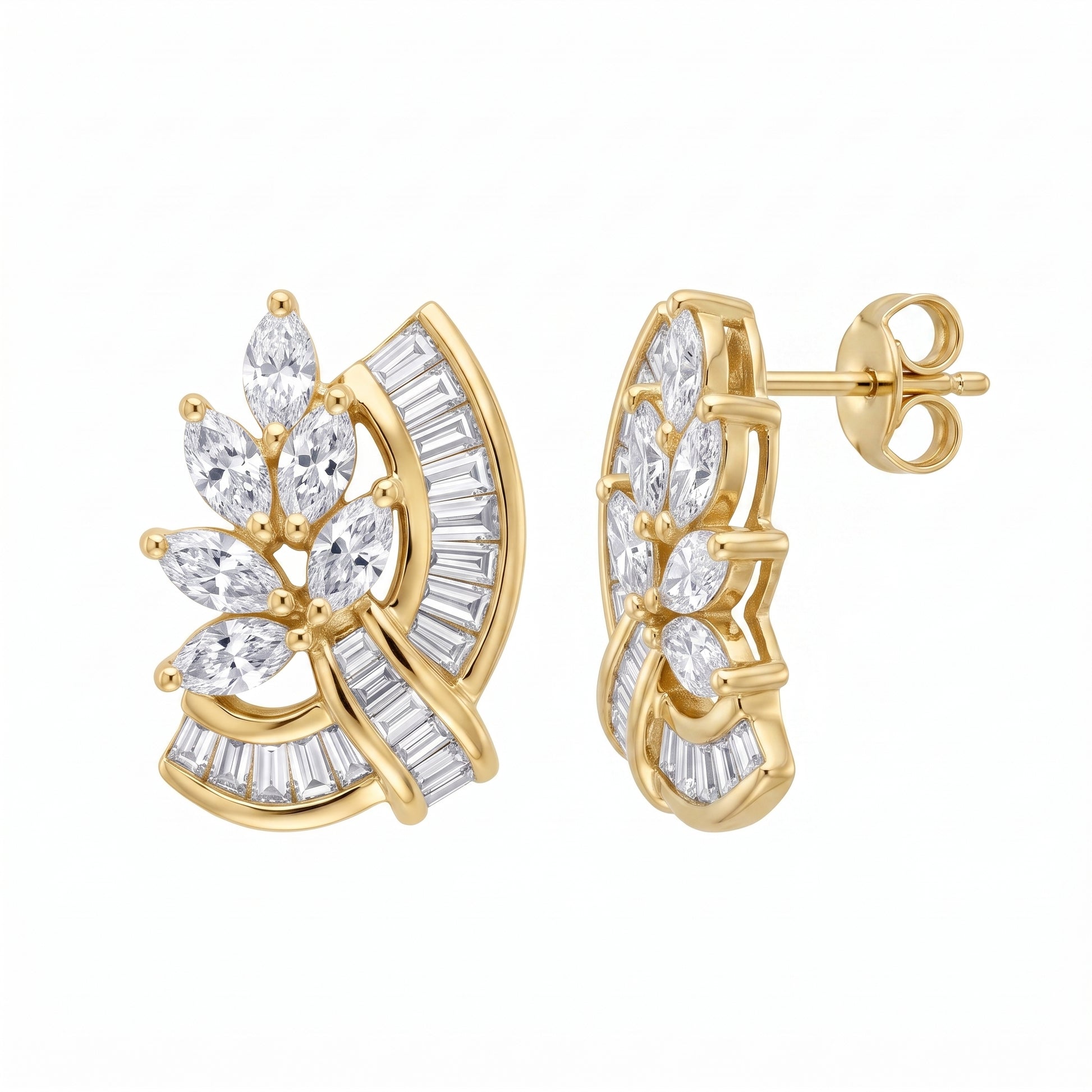 Marquise & Tapered Diamond Stud Earrings in 18K yellow gold - second white background view
