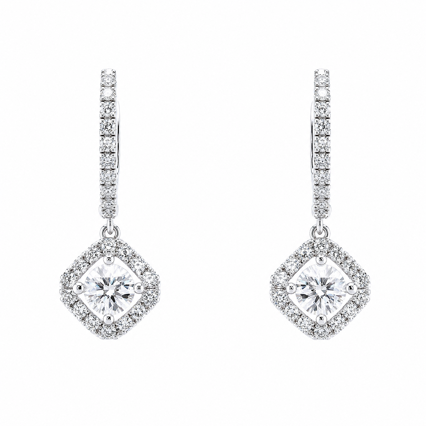 DEJ0139W W-1 frontal pair - diamond-shaped halo drop huggie earrings with round brilliant centres in 18K white gold