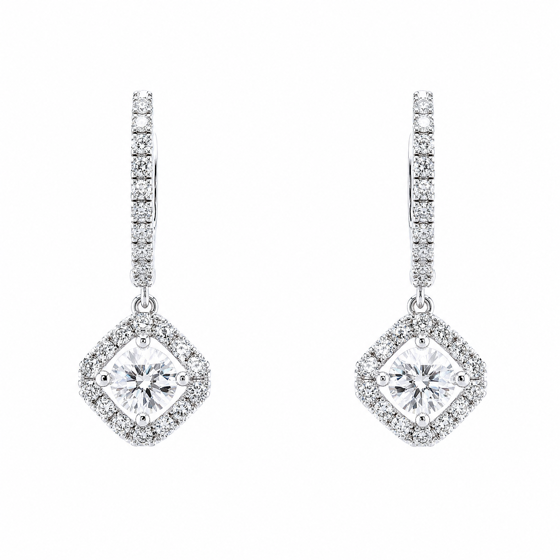 DEJ0139W W-1 frontal pair - diamond-shaped halo drop huggie earrings with round brilliant centres in 18K white gold