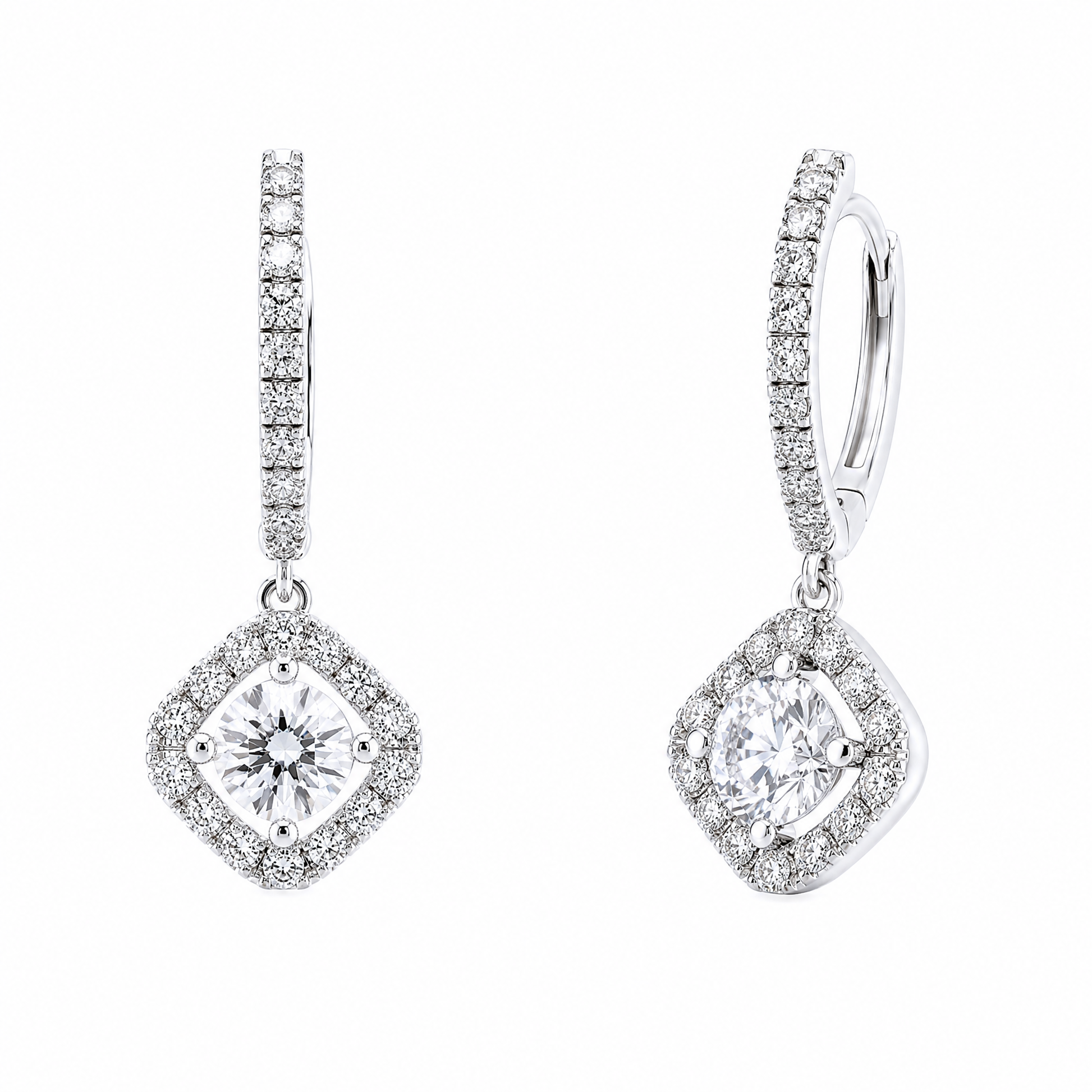 DEJ0139W W-2 front and turned view showing the pave huggie hoop and its closure - diamond-shaped halo drop earrings