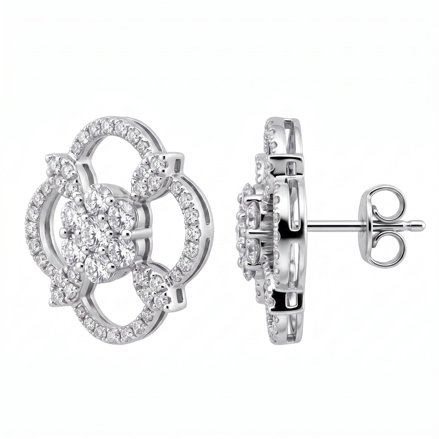 DEJ0249W W-2 front and side profile showing post and butterfly back - large open quatrefoil diamond pave stud earrings in 18K white gold
