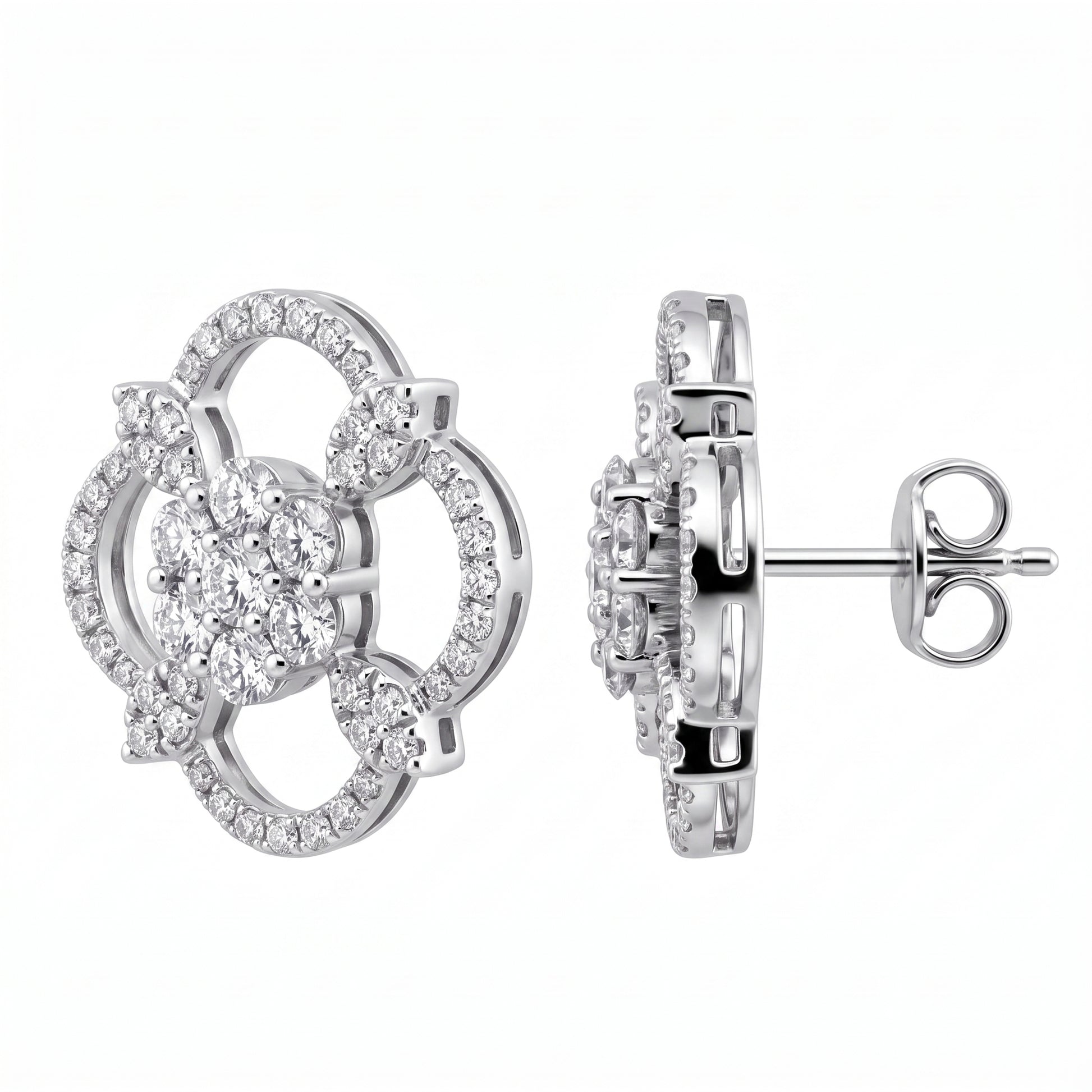 DEJ0249W W-2 front and side profile showing post and butterfly back - large open quatrefoil diamond pave stud earrings in 18K white gold
