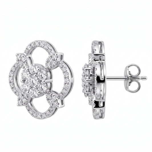 DEJ0249W W-2 front and side profile showing post and butterfly back - large open quatrefoil diamond pave stud earrings in 18K white gold