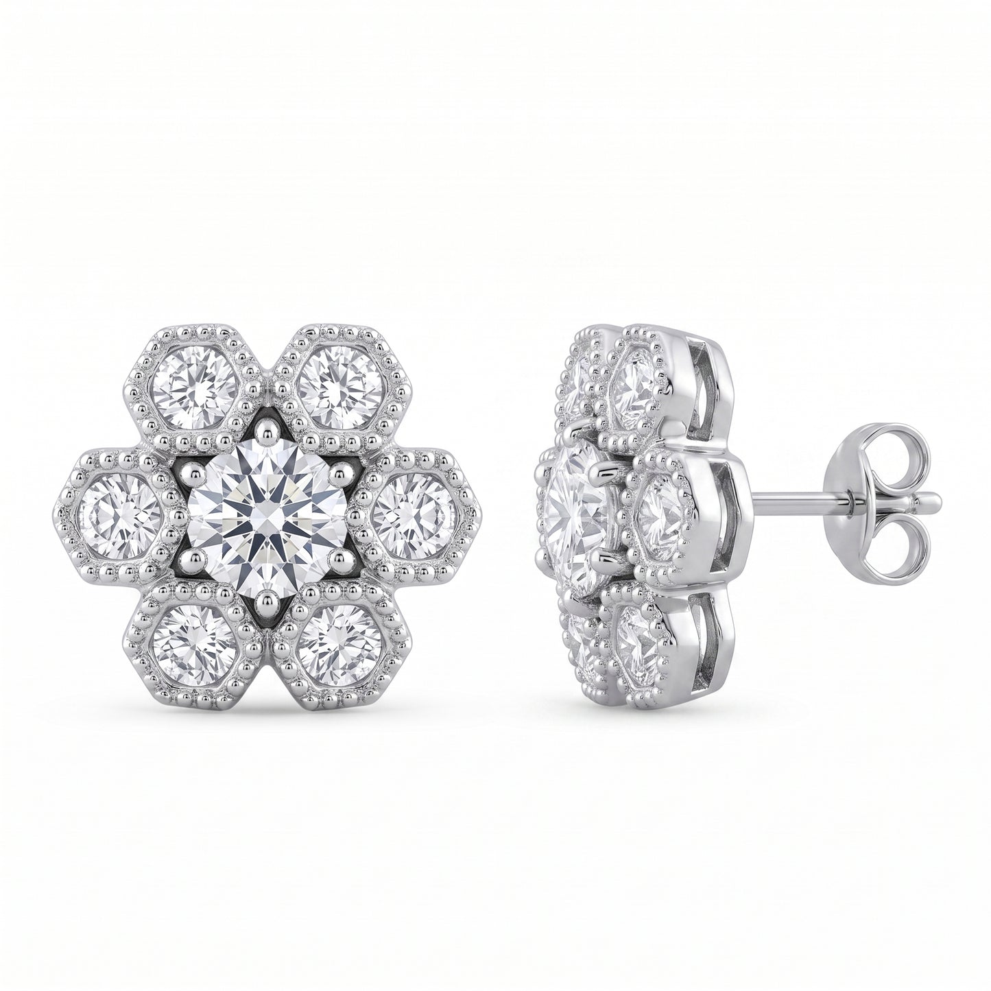 DEJ0256W 14-Diamond Milgrain Post Earrings - detail and side profile view