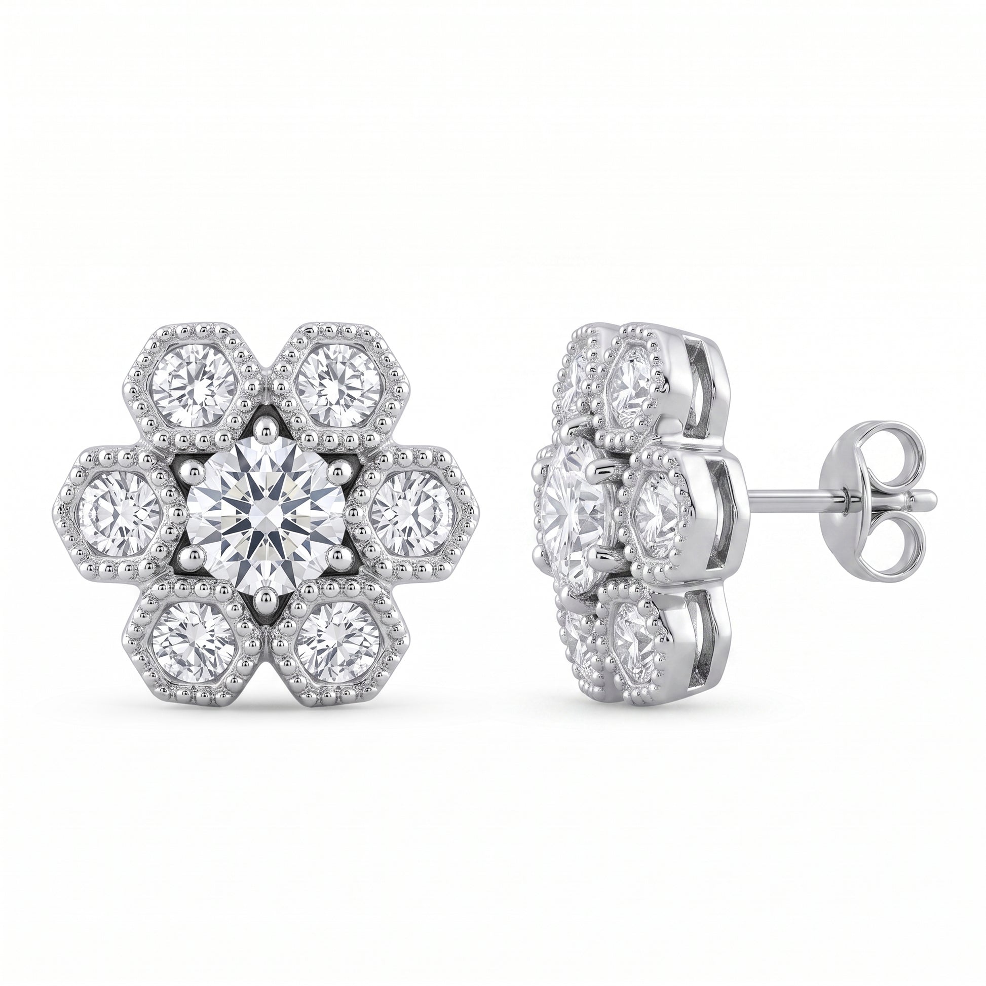 DEJ0256W 14-Diamond Milgrain Post Earrings - detail and side profile view