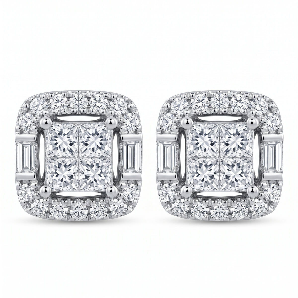 18k white gold princess-cut, baguette and round diamond cushion cluster post earrings, white background