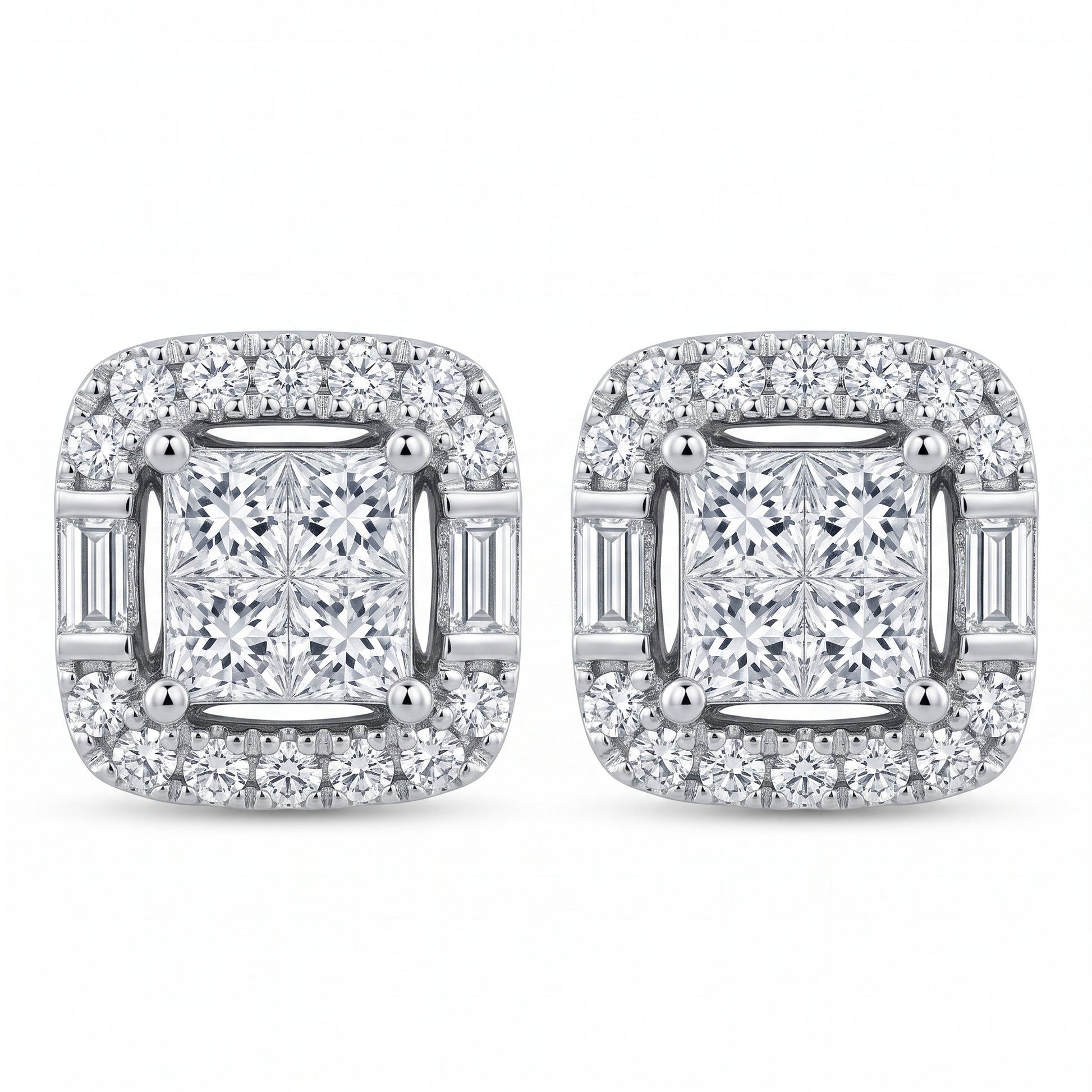 18k white gold princess-cut, baguette and round diamond cushion cluster post earrings, white background