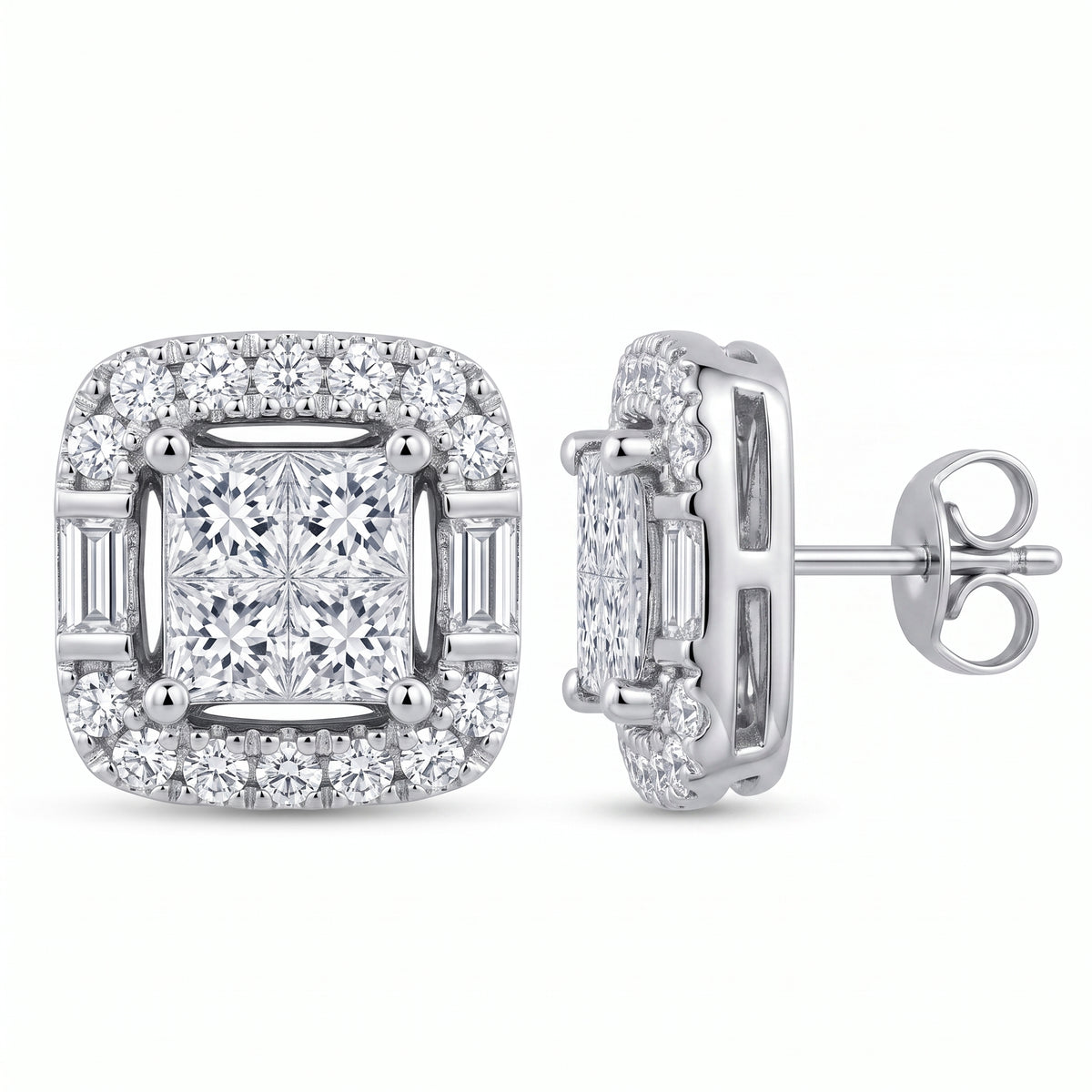 18k white gold princess-cut, baguette and round diamond cushion cluster post earrings, front and side view showing post and butterfly back, white background