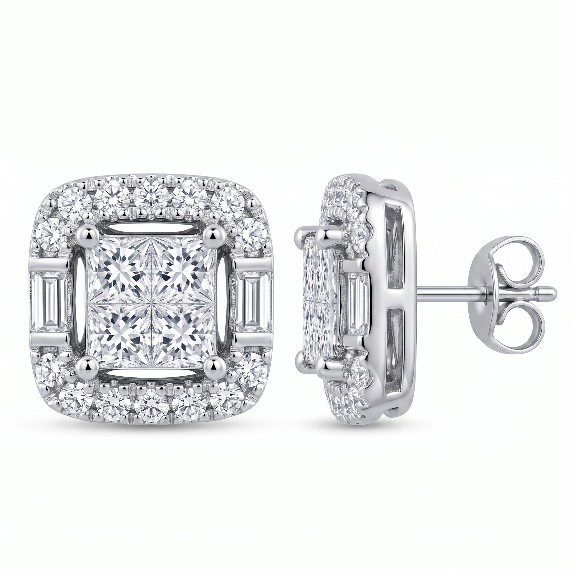 18k white gold princess-cut, baguette and round diamond cushion cluster post earrings, front and side view showing post and butterfly back, white background