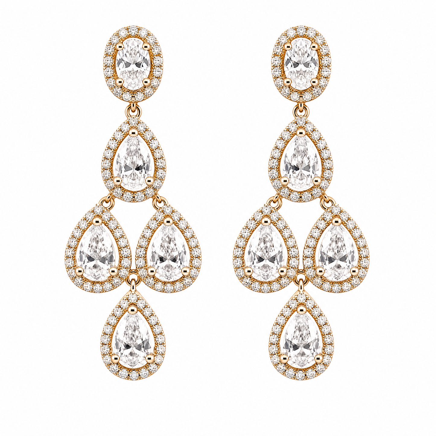 DEJA0004 W-1 frontal pair - pear and oval diamond four-tier chandelier earrings in 18K yellow gold