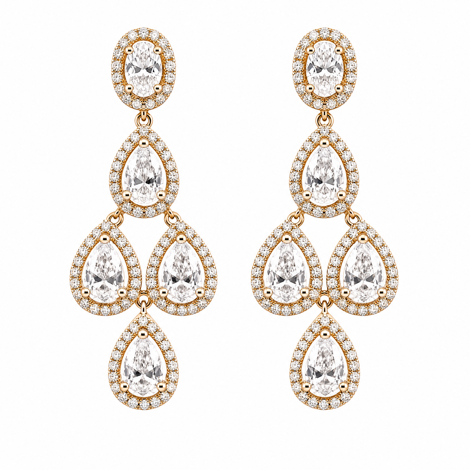 DEJA0004 W-1 frontal pair - pear and oval diamond four-tier chandelier earrings in 18K yellow gold