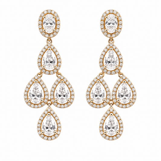 DEJA0004 W-1 frontal pair - pear and oval diamond four-tier chandelier earrings in 18K yellow gold